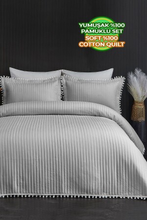 MNZ-Pompom مضاعفة 100% قطن غطاء السرير (Pique) مجموعة الرمادي - Evlen Home