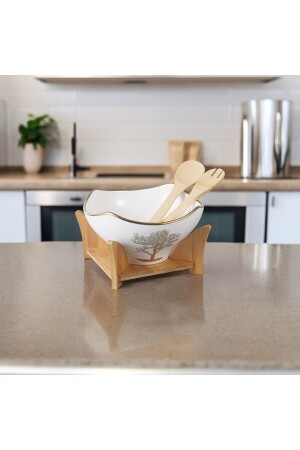 كأس سلطة من نوع MNZ-Porcelain Round Salad Bowl Set مع مقعد من البامبو و كأس خدمة التفاصيل الذهبية - Vadi