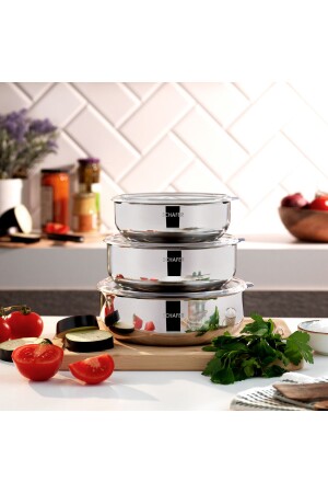 حاوية تخزين من الصلب من MNZ-Practi 3 قطع (16-18-20 سم) -6 قطع-الآثار 1S5736-05001-INX01 - Schafer