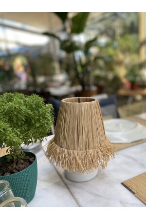 MNZ-Raffia & Wicker Table Top Wireless Battery يعملون على إشعال المصابيح المظلّب الأبيض المُحاط M09 - Maison Avf