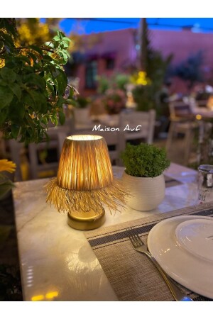 MNZ-Raffia & Wicker Table Top Wireless Battery Operated Lampshade قديم الذهب محاط - Maison Avf