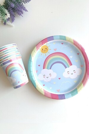 (MNZ-Rainbow Cloud Party Concept Plate Cup Set) - كوب عيد ميلاد (بستيل ملونة - Parti Dolabı