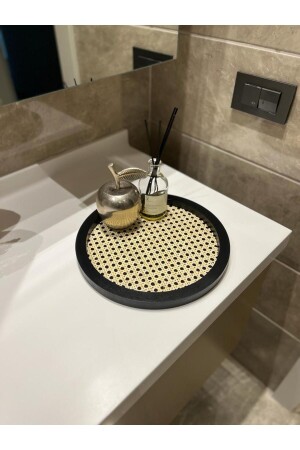 MNZ-Rattan Hazeran Round Tray Black (100% HAZERAN طبيعي) M021 - Maison Avf