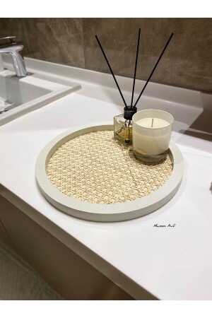 MNZ-Rattan Hazeran Round Tray White (100٪ حازران طبيعي) M135 - Maison Avf