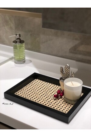 MNZ-Rattan Hazeran Tray أسود مستطيل (100% HAZERAN طبيعي) M016 - Maison Avf