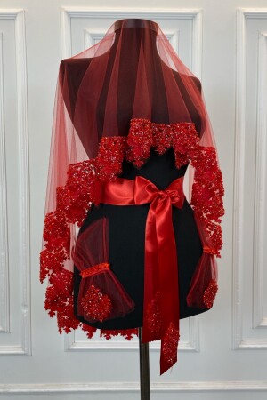 مجموعة من الحجابات العروسية من قِبل (MNZ-Red Bridal Veil Set) - حجر الزجاج والحجابات المطبوعة من قِبل (Sequin Print - Zeymerade