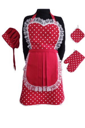 MNZ-Red Kitchen Apron Bonnet Holder Glove مجموعة 4 م267 - MoT Dekor