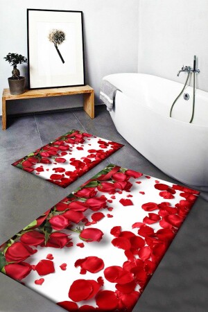 MNZ-Red Roses نمط غسيل غير المنزلق قاعدة 2 قطع حمام السجادة ومقعد المرحاض مجموعة Ossoozelbanyo8 - 3D ELSE HALI
