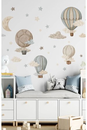 MNZ-Retro Balloons Clouds غرفة الأطفال مجموعة الملصقات الجدارية - Sim Tasarım