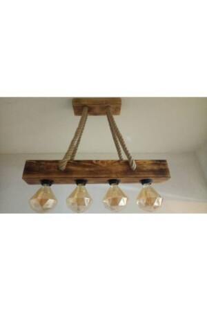 MNZ-Retro Log Wood Chandelier Lighting 4 مصابيح حبل الشنادل ALS38 - AHŞAP ATÖLYE