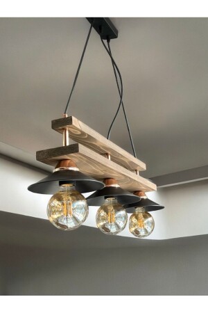 MNZ-Retro Vintage Antique Black Copper Wooden 3-piece Pendant Lamp شمعة ASY-8022 - ONUR AVİZE
