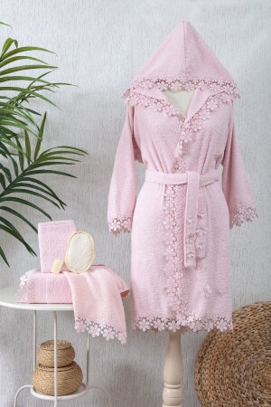 MNZ-Rosa Laced Lace ثوب حمام نسائي مجموعة 6 قطع ثوب حمام مجموعة وردي 100% قطن طقم - Tinimini Home