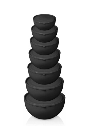 كأس MNZ-Round Bowl مع مجموعة غطاء من 7 مجموعة كأس بلون أسود S2014 - Melkan Home