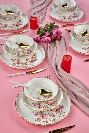 MNZ-Sakura Flower فخمة السيراميك 18 قطعة مجموعة عشاء، مجموعة عشاء 6 أشخاص - Erbaşlar