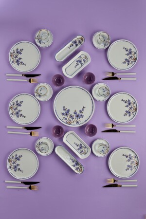 MNZ-Sakura Flower Purple Luxury Ceramic 21 Piece Breakfast Set للستة أشخاص، فطورة Set 6-مربر مربع-16prc-01 - Erbaşlar