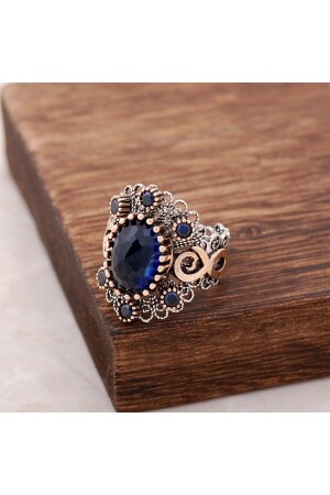 MNZ-Sapphire Stone Filigree حلقة فضية مطلية 2484 MR2484 - Sümer Telkari