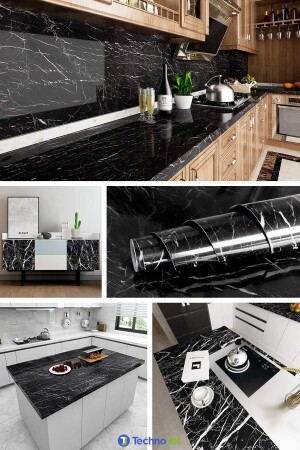 MNZ-Self Adhesive Black Marble Pattern مطبخ حمام المكتب المرفأ الجدار مائدة 60 سم × 100 سم - Technojet