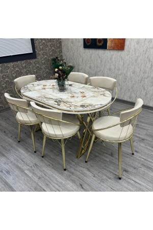 مقعد طاولة مطبخ MNZ-SET Selenit 80-140 طاولة مطبخ ذهبية أوفال لـ 6 أشخاص - By Orhan Güzel