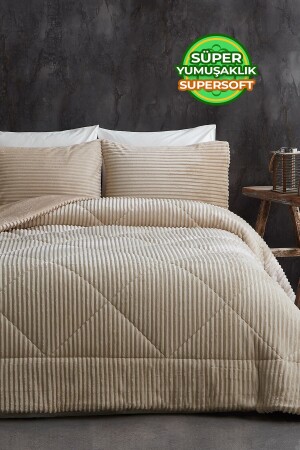 MNZ-Sherpa مجموعة ملابس مزدوجة الجانب (مجموعة النوم) ناعمة يوميًا ناعمة مزدوجة 3 قطع بيج - Evlen Home Collection