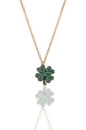 MNZ-Silver Green Stone Clover قلادة SGTL10499 - Söğütlü Silver