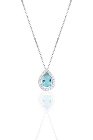 MNZ-Silver Rhodium Aquamarine Stone Drop Model قلادة SGTL11005 - Söğütlü Silver