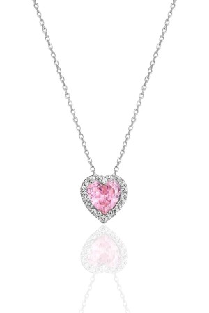 MNZ-Silver Rhodium Pink Stone Diamond Heart Model قلادة الخزينة SGTL12082 - Söğütlü Silver