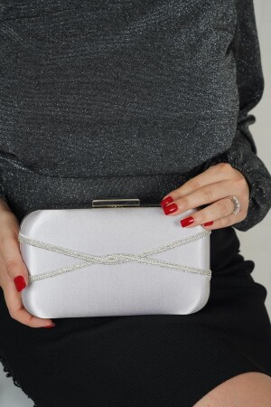 MNZ-Silver Satin White Row Stone Accessory طراز أوفال فستان المساء حقيبة نساء SCX00BYKKTK - LULE BAGS
