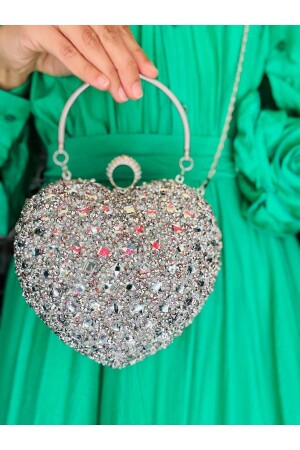 حقيبة ملابس مساء من طراز MNZ-Silver Strap Heart مع ملحقات فضية - Çanta Trend