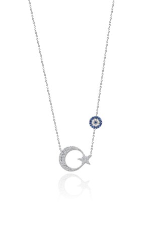 MNZ-Small Size Crescent and Star Silver Necklace with Thin Chain Türkiye Flag Necklace Uc-207 (منصورة صغيرة) - Aykat