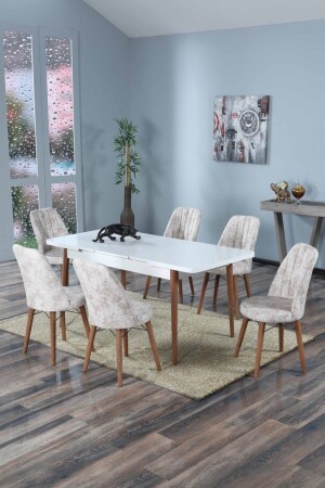 سلسلة MNZ-Snow بيضاء يمكن تمديدها طاولة الطعام والمطبخ مع 6 مقاعد - كريم - Morkese