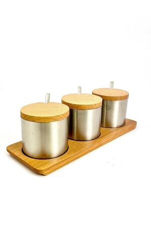 MNZ-Spice Jar Set فولاذ المقاوم للصدأ Triple Spice Jar خشبية مقهى مقهى مطعم Lokanta 113 Ktkksmt113 - KT HOME