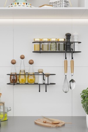 أدوات تحريك الملح MNZ-Spice Set of 2 Black Matte Metal Kitchen Shelf غرف المرحاض اللاصق المكسر الملوح المزلق المعلق رف بنوغول - Bino