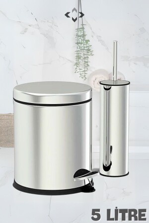 فرشاة المرحاض الذكية من نوع MNZ-Stainless Chrome وبرشة القمامة المتحركة من نوع Pedal Trash Can Set (5L) A-852 - LİGROUND