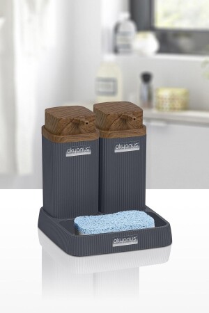 MNZ-Stella Anthracite خشبية نمط صابون الأطعمة التوأم مجموعة OKY-466-3 - Okyanus Home