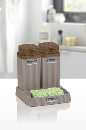(MNZ-Stella Mink Wood Patterned Twin Soap Dish Set) (مجموعة (OKY-466-3) - Okyanus Home