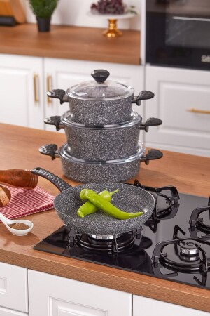 MNZ-Stone 7 قطع غرانيت طباخات مجموعة رمدية TAC-3632 - Taç