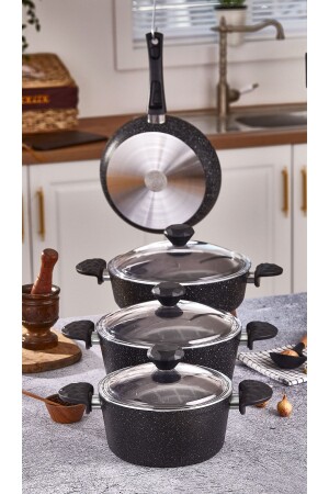 MNZ-Stone 7 قطع غرانيت طباخات مجموعة سوداء TAC-3633 - Taç