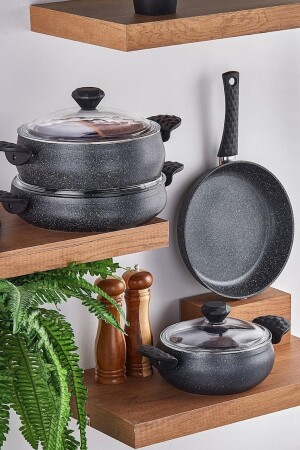 MNZ-Stone Tombik 7 قطعة أدوات الطهي مجموعة الفضاء الرمادي TAC-4758 - Taç