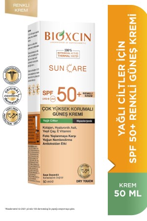 MNZ-Sun Care SPF 50 واقي شمسي ملون للجلد الدهني 50 مل - كولاجين جاف لمس ملون - Bioxcin