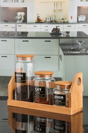 (MNZ-Tea, Coffee And Sugar Glass Jar Set) - غطاء خشبي فراغ وموقفة ومعلامة - LuxSeri - Karçiçeği Home
