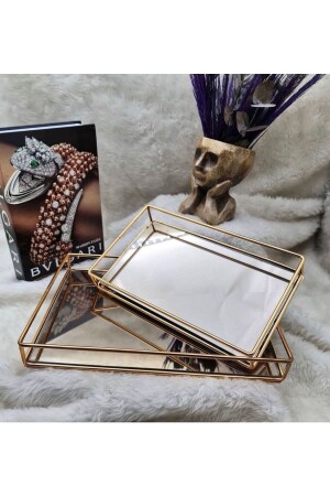 MNZ-Tray مستطيل الذهب مجموعة من 2 كروم تفصيلية مرآة وعد العرض الصفوفة مجموعة الصفوفة - Sky Design
