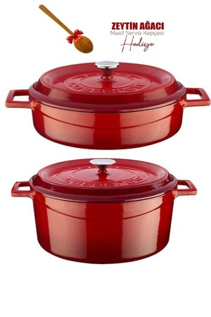 MNZ-Trendy Cast Iron 2 Piece Pot Set 28 سم عميقة مسطحة حمراء حمراء 28bdred - Lava