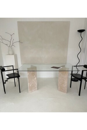 MNZ-Triangel - طاولة تناول الطعام الطبيعية من الترافرتين طاولة تناول الطعام من الزجاج 90*170 - Sümeyra Marble Art