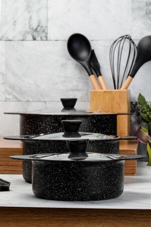 MNZ-Trio 6 Piece Silicone Handle غرانيت طباخات المجموعة الأسود 153 EVY. 00672 - Taç
