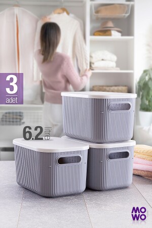 صندوق منظمة من طراز MNZ-Trove 3 Piece 6. 2 لتر (الرمادي) مع غطاء - صندوق تخزين ديكوراتي - Mowo Home