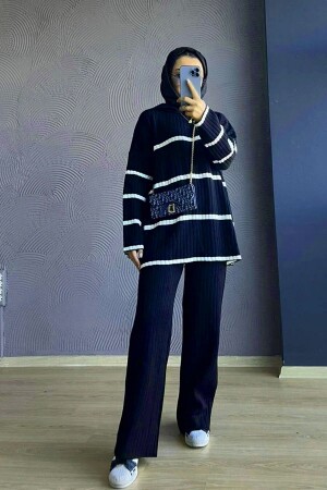 MNZ-Two Color الموسمية سميكة النسيج المنسوجة الخياطة المجموعة البحرية الأزرق - Şule Giyim