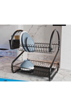 MNZ-Two-Tier Dish Rack Plate Rack Black + Black Tray SM014 - SUNTEL BANYO MUTFAK AKSESUARLARI
