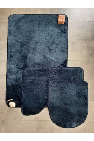 MNZ-Ultrasoft Plain Navy Blue 3-piece حمام السجادة المطبخ مجموعة غير المنزلق الجلد على أساس غسيل حوض المياه مجموعة - Teksev