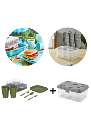 MNZ-Urve 6 أشخاص تخيم السفر مجموعة النزهة وكوب الشاي حاوية معدات نقل 2 في 1 خضراء P4982 - Piev