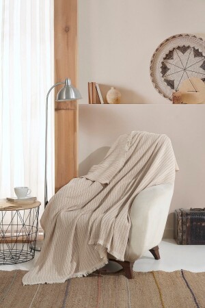 MNZ-Vera Beige Armchair Armchair Cover Shawl 150 X 200 سم تلفزيون غطاء رمي القطن - Lux Touch